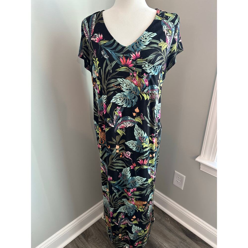 Soma Womens Large Black Nightgown Lounge Sleep Dress Tropical Print Soft Stretch